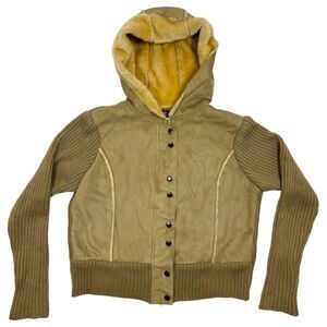 Woman's Say What Faux Fur Zip-up Button Tan Brown Petite Jacket Size Large Hood